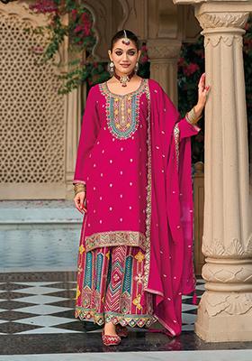 Dark Pink Embroidered Chinon Salwar Kameez
