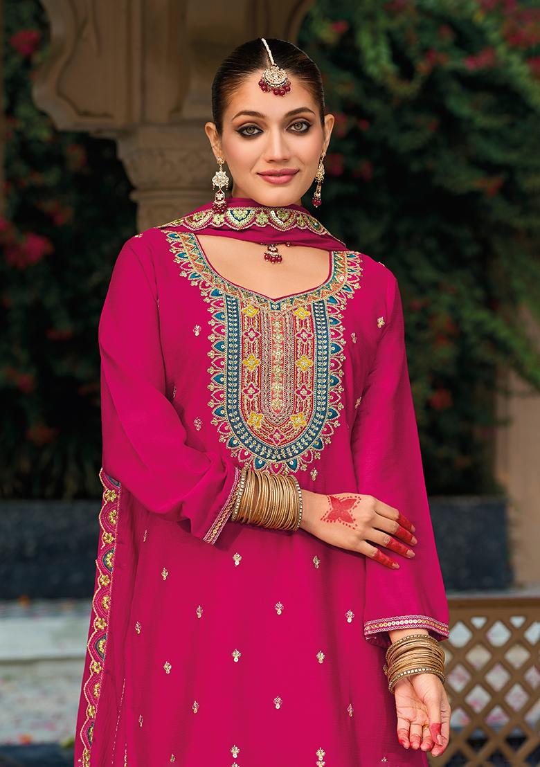 Dark Pink Embroidered Chinon Salwar Kameez