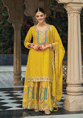 Mustard Yellow Embroidered Chinon Salwar Kameez