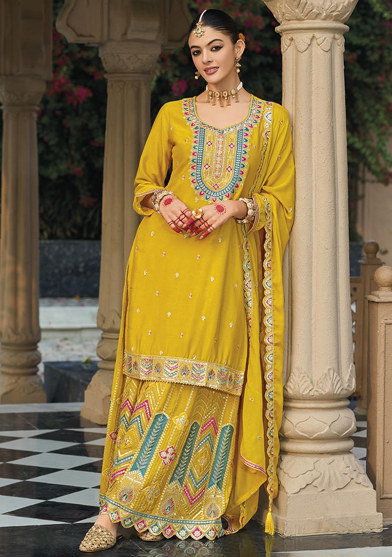 Mustard Yellow Embroidered Chinon Salwar Kameez