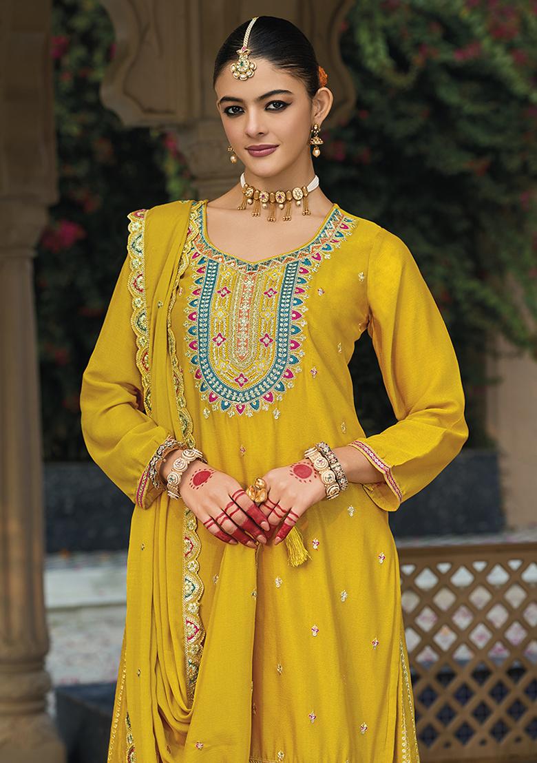 Mustard Yellow Embroidered Chinon Salwar Kameez