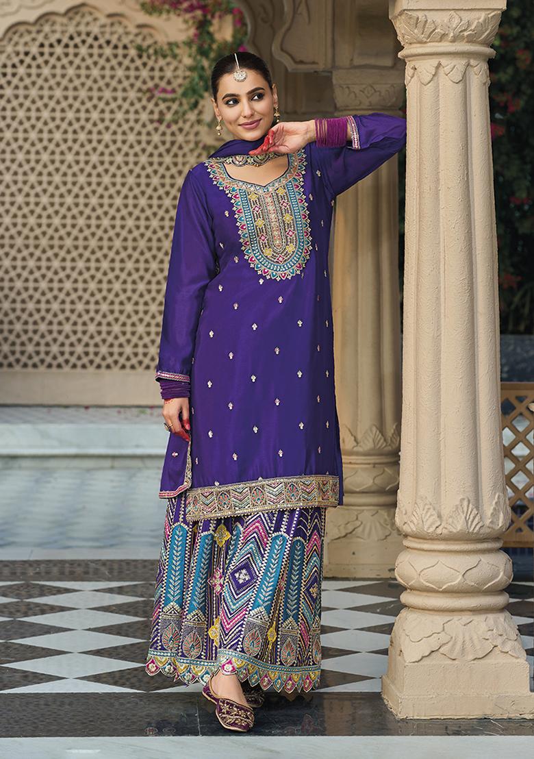 Violet Embroidered Chinon Salwar Kameez