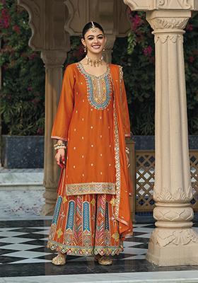 Rust Brown Embroidered Chinon Salwar Kameez