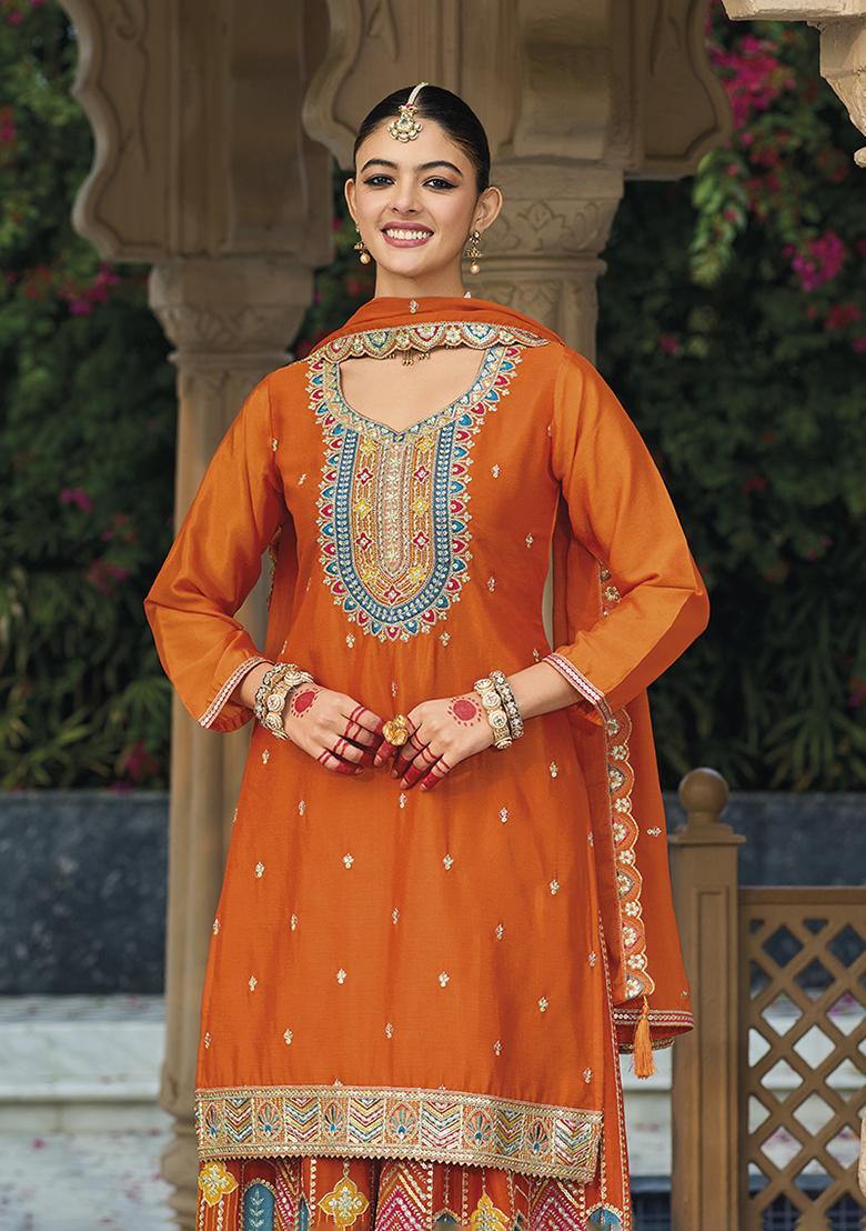 Rust Brown Embroidered Chinon Salwar Kameez
