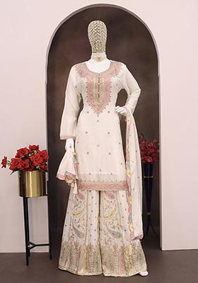 Off White Embroidered Chinon Salwar Kameez
