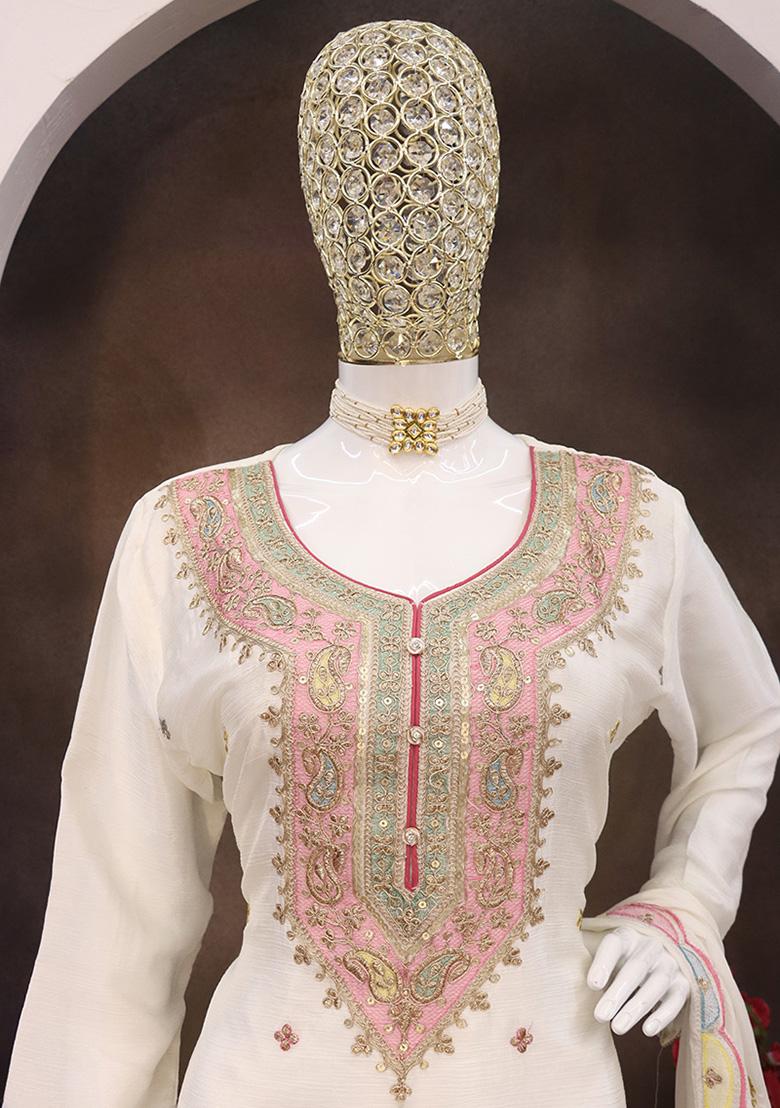 Off White Embroidered Chinon Salwar Kameez