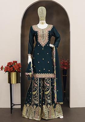 Teal Blue Embroidered Chinon Salwar Kameez