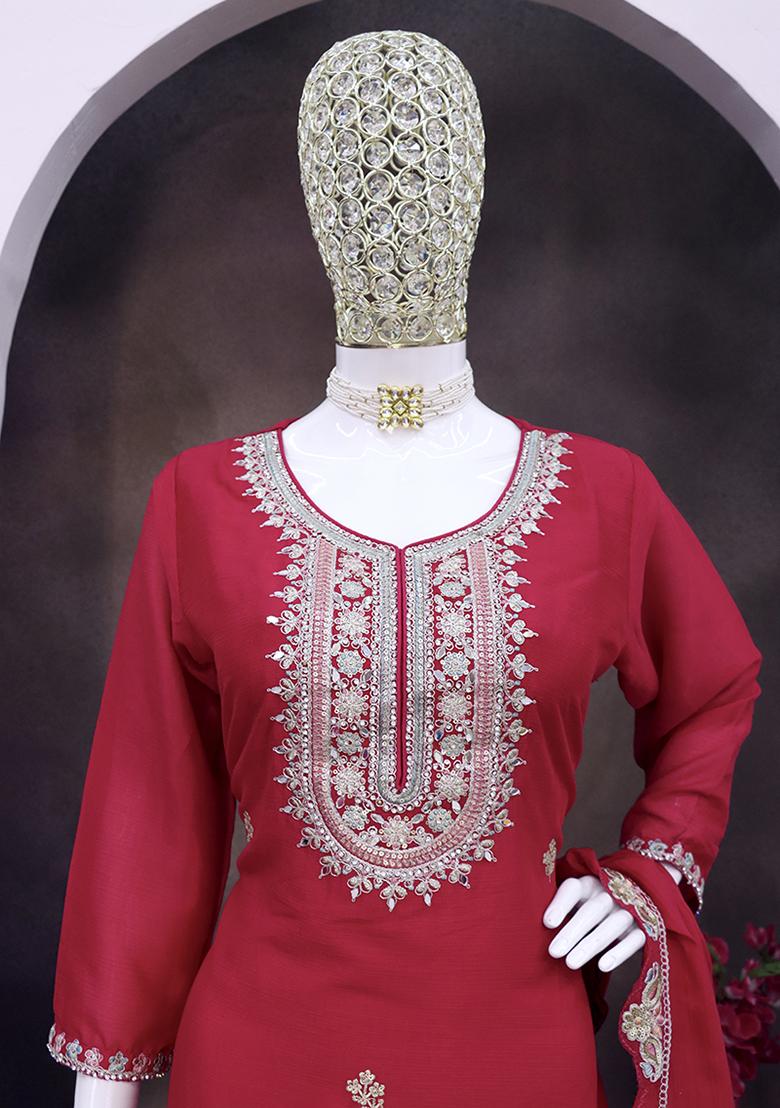 Rani Pink Embroidered Chinon Salwar Kameez