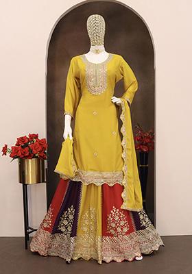 Mustard Yellow Embroidered Chinon Salwar Kameez