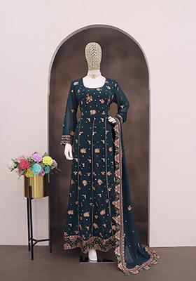Teal Blue Embroidered Faux Georgette Salwar Kameez