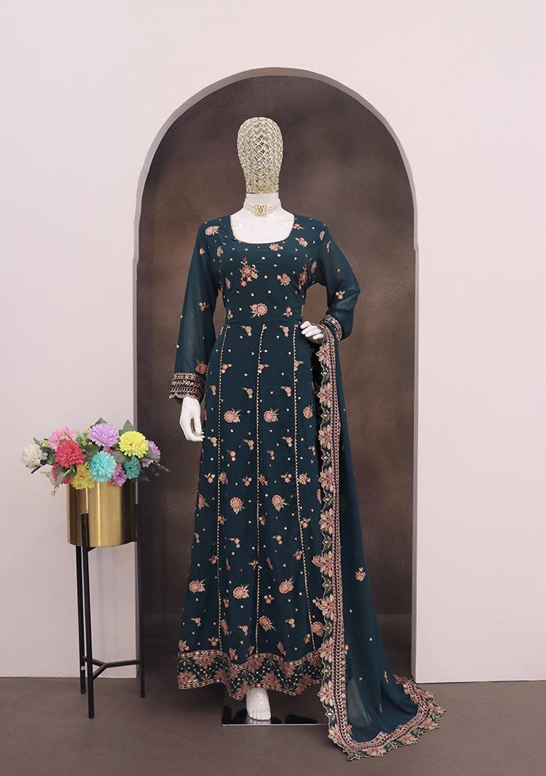 Teal Blue Embroidered Faux Georgette Salwar Kameez