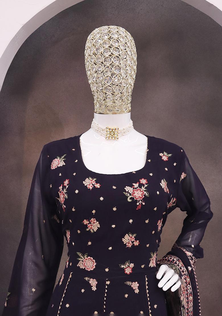 Dark Purple Embroidered Faux Georgette Salwar Kameez