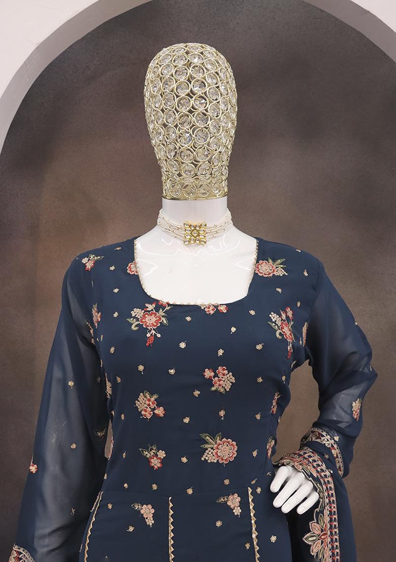 Navy Blue Embroidered Faux Georgette Salwar Kameez