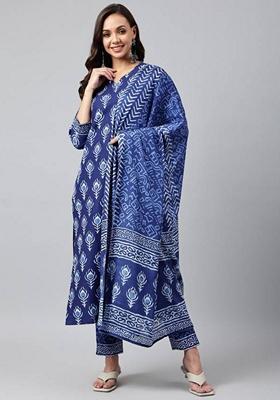 Blue Embroidered Viscose Rayon Kurta Set