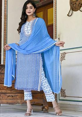 Sea Blue Embroidered Viscose Rayon Kurta Set