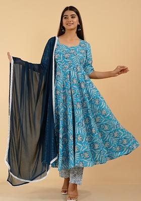 Blue Embroidered Cotton Kurta Set