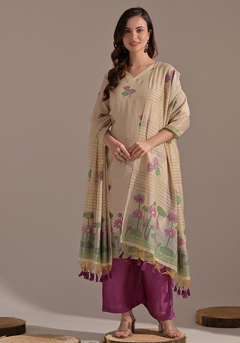 Wine Woven Cotton Salwar Kameez