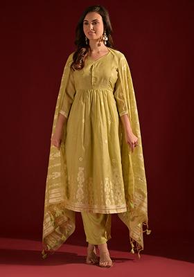 Pista Green Woven Cotton Salwar Kameez