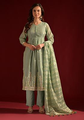 Sea Green Woven Cotton Salwar Kameez