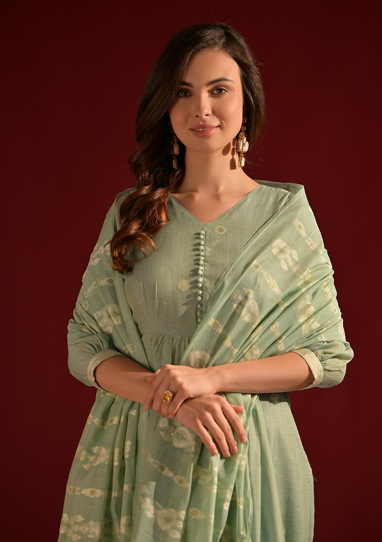 Sea Green Woven Cotton Salwar Kameez