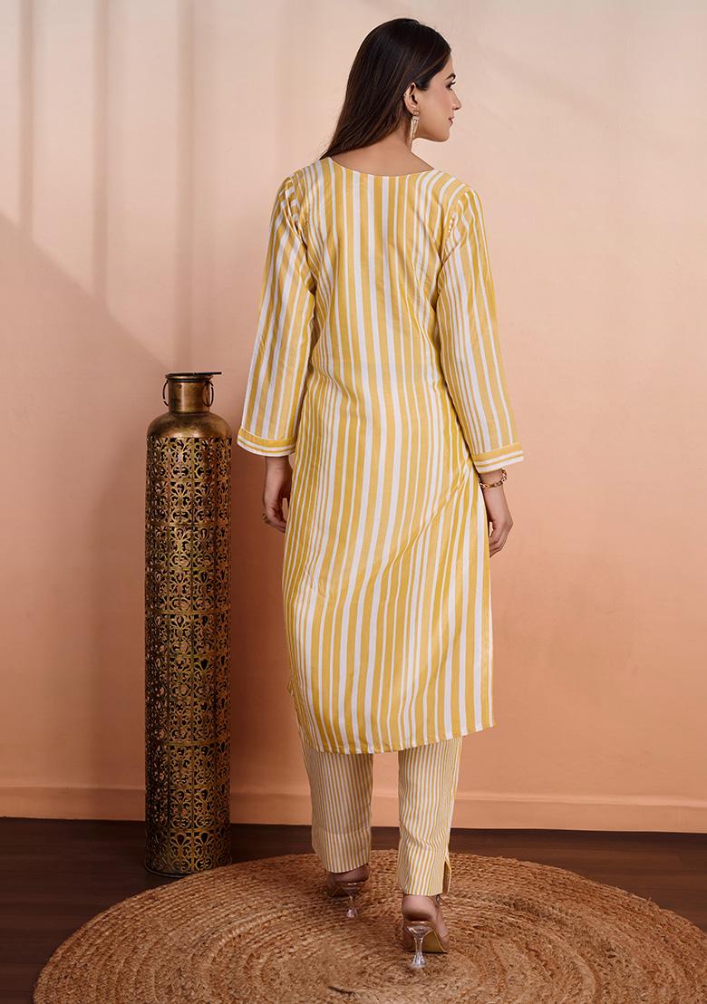 Yellow Striped Cotton Salwar Kameez