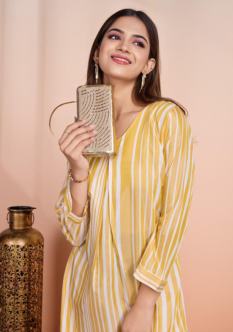 Yellow Striped Cotton Salwar Kameez
