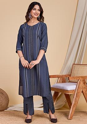 Grey Striped Cotton Salwar Kameez