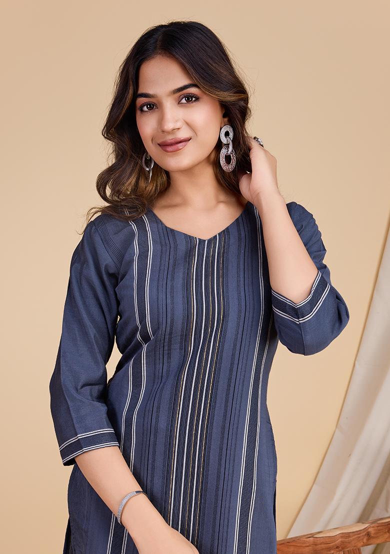 Grey Striped Cotton Salwar Kameez