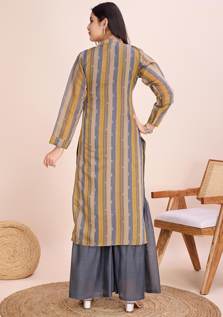 Yellow Striped Cotton Salwar Kameez