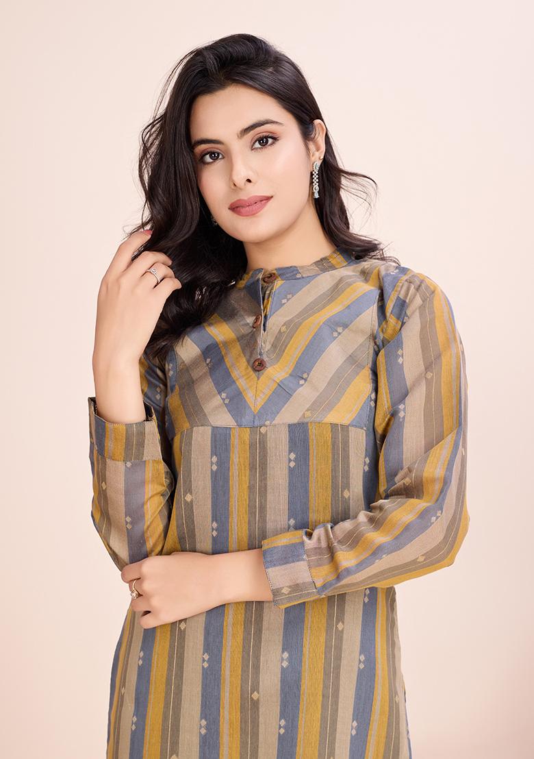 Yellow Striped Cotton Salwar Kameez