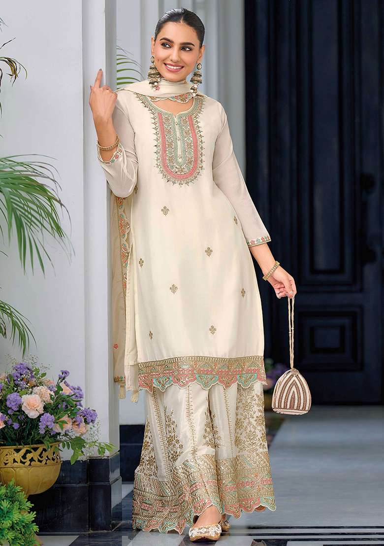Off White Embroidered Chinnon Salwar Kameez - Indya