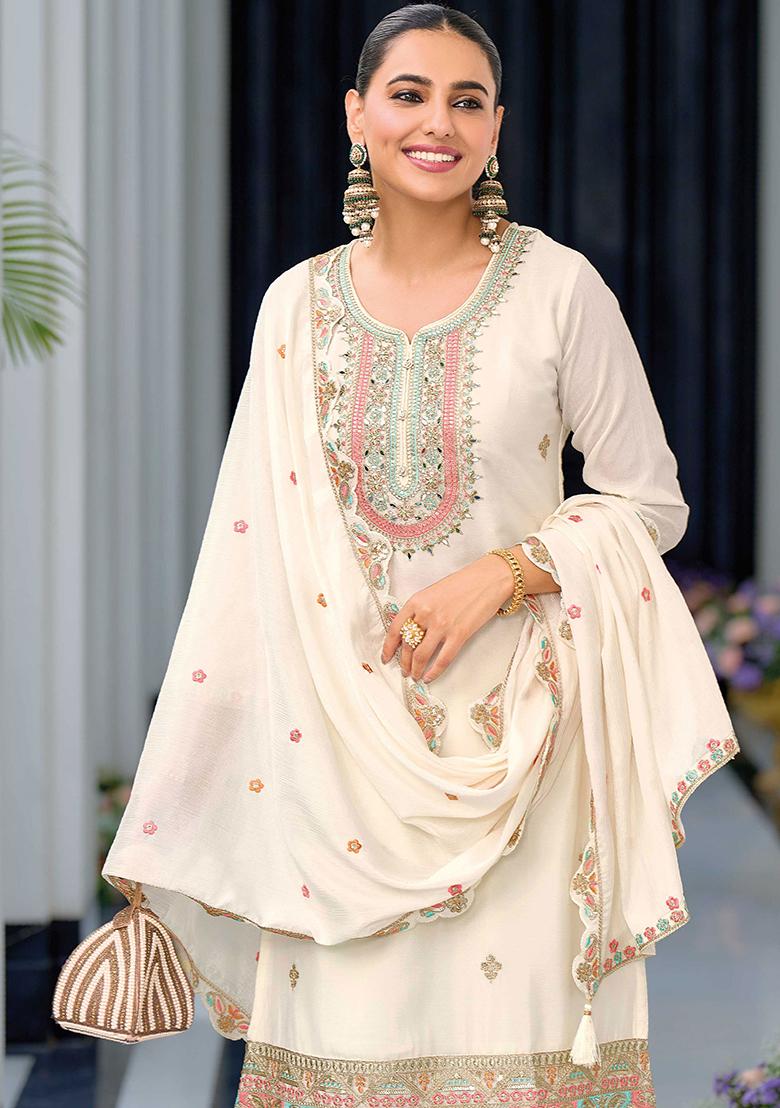 Off White Embroidered Chinnon Salwar Kameez