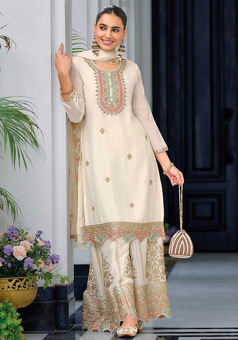 Off White Embroidered Chinnon Salwar Kameez