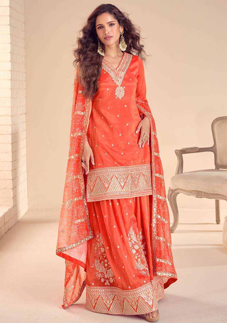Orange Embroidered Silk Sharara Set - Indya