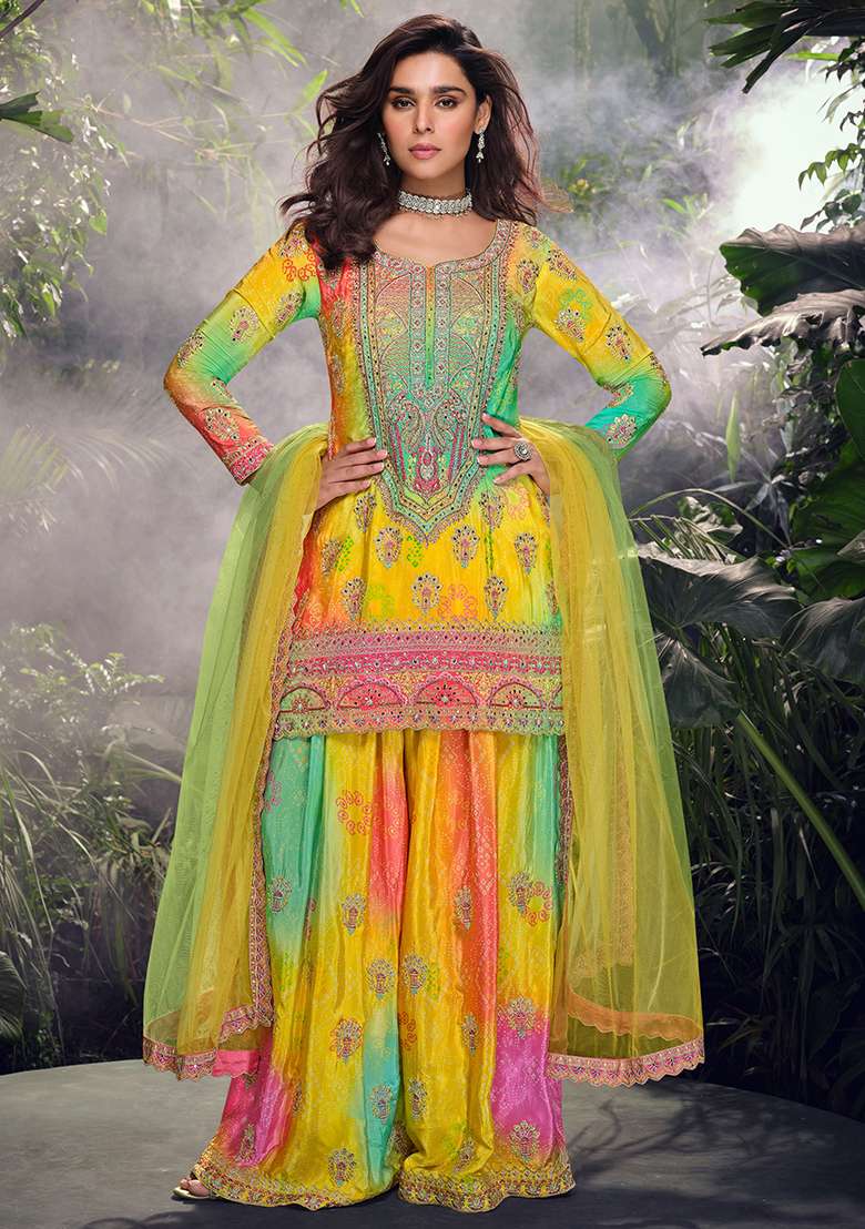 Multi Embroidered Chinon Sharara Set - Indya