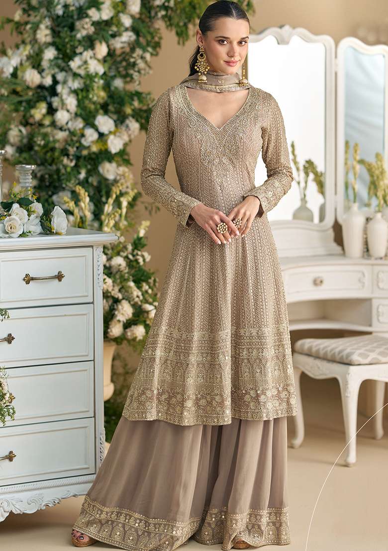 Beige Embroidered Georgette Salwar Kameez - Indya