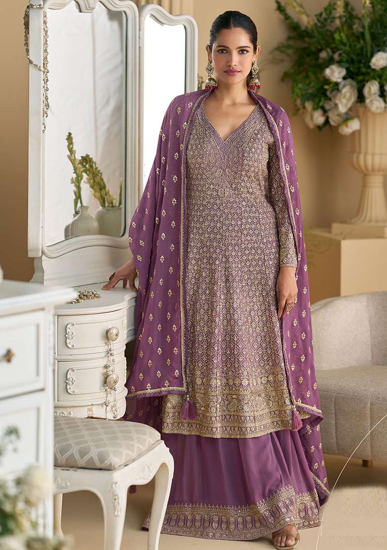 Lilac Embroidered Georgette Sharara Set - Indya