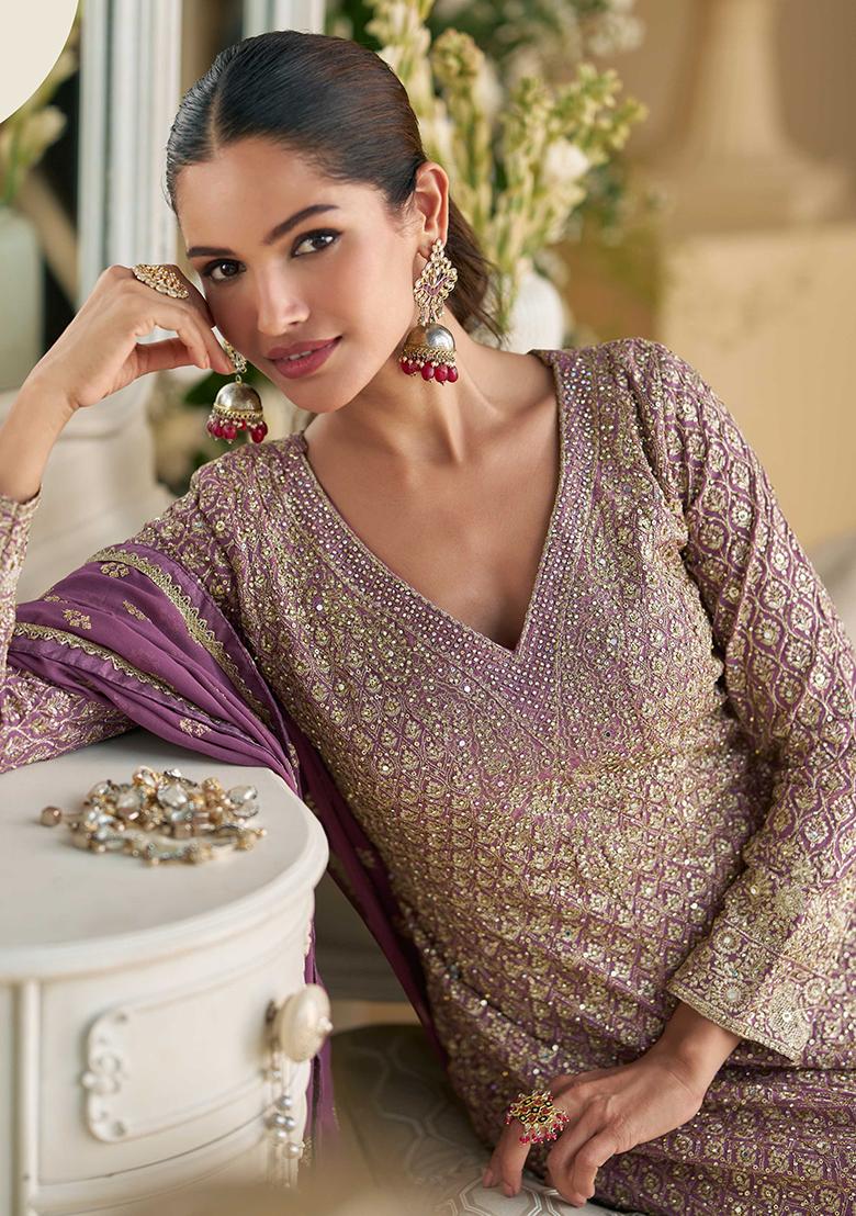 Lilac Embroidered Georgette Salwar Kameez