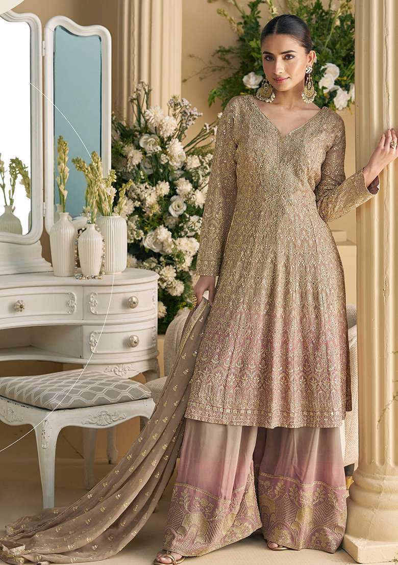 Beige Embroidered Georgette Sharara Set - Indya