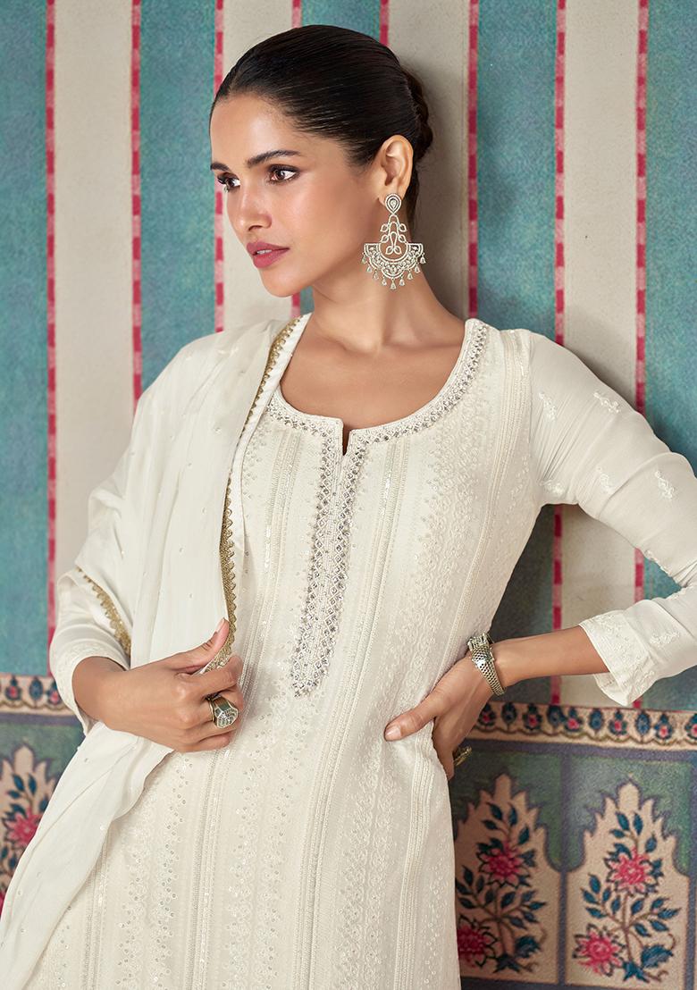 White Embroidered Chinnon Salwar Kameez