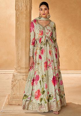 Off White Embroidered Chinnon Salwar Kameez