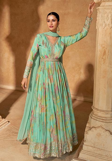 Turquoise Blue Embroidered Chinnon Salwar Kameez