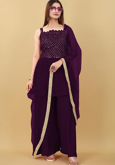 Wine Embroidered Polyester Salwar Kameez
