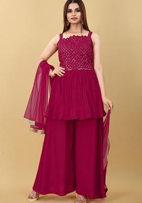 Rani Pink Embroidered Polyester Salwar Kameez With Dupatta