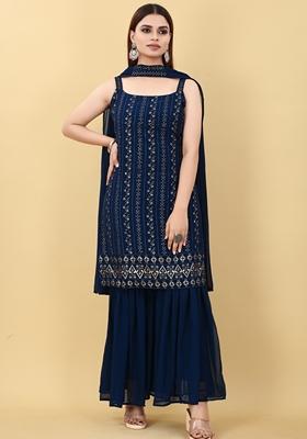 Navy Blue Embroidered Georgette Salwar Kameez
