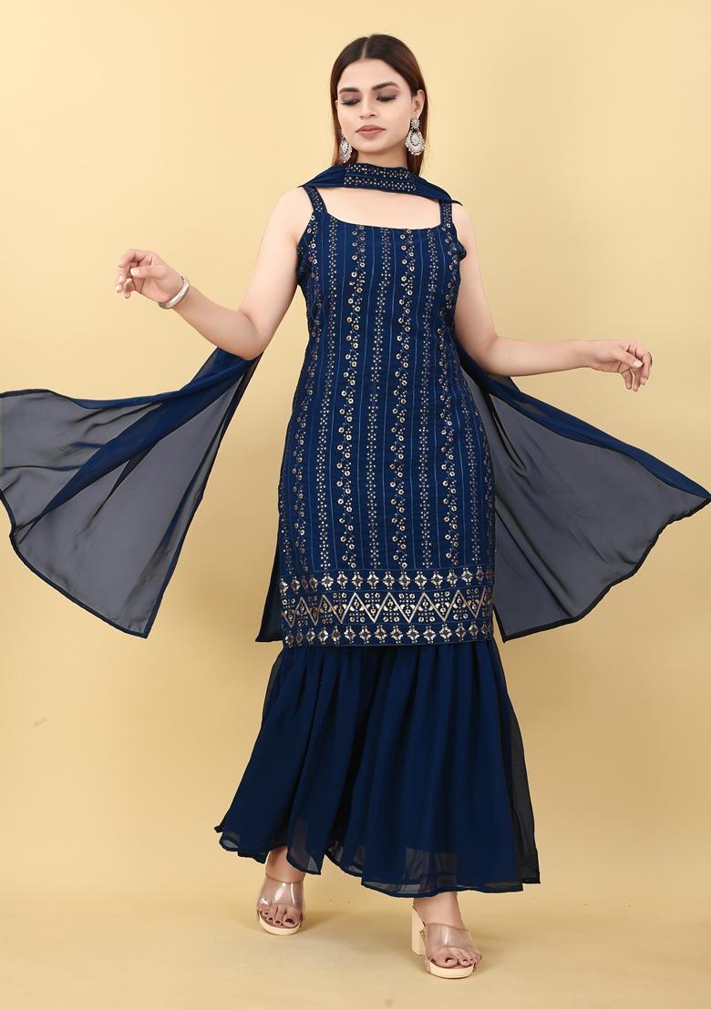 Navy Blue Embroidered Georgette Salwar Kameez