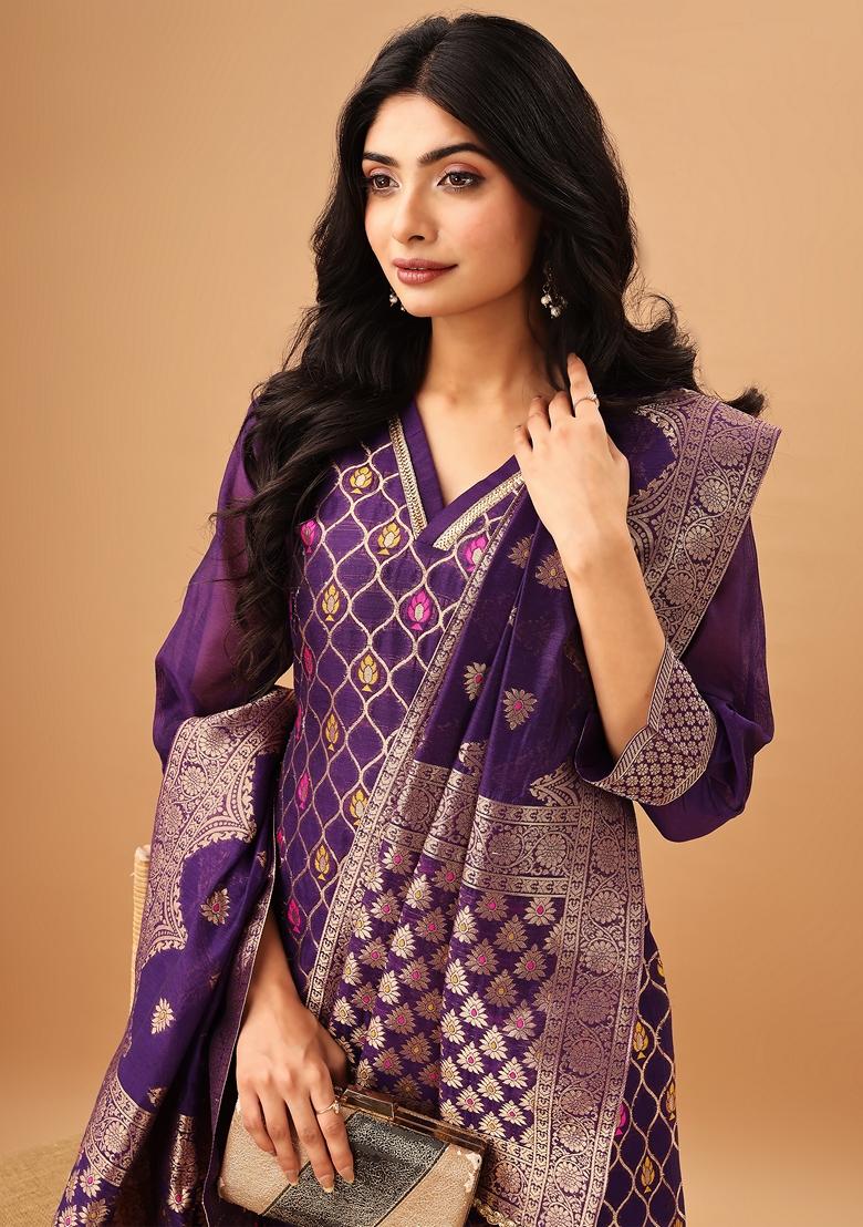 Purple Embroidered Jacquard Salwar Kameez