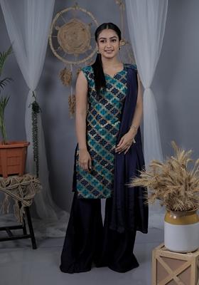 Blue Embroidered Silk Blend  Salwar Kameez