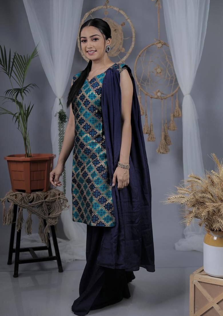 Blue Embroidered Silk Blend  Salwar Kameez
