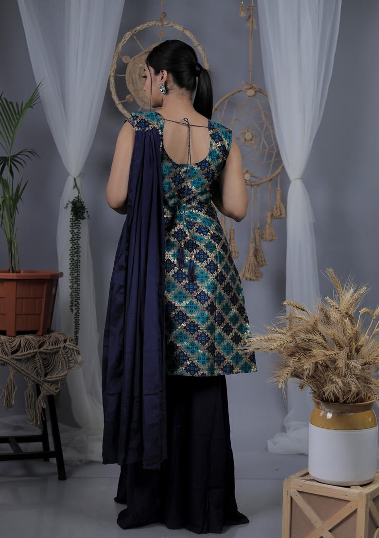 Blue Embroidered Silk Blend  Salwar Kameez